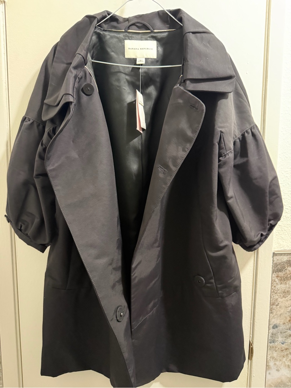 Banana Republic Petite S Black Puff Sleeve Trench Coat Jacket NWT